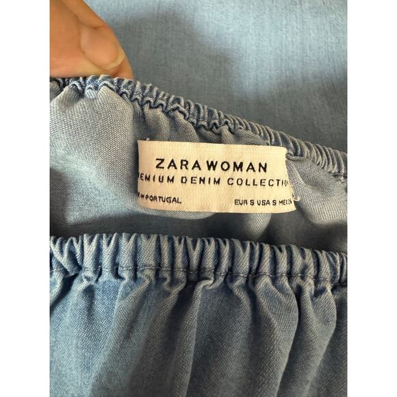 Zara Chambray Off Shoulder Ruffle Sleeve Mini Dress Size Small - Picture 5 of 8